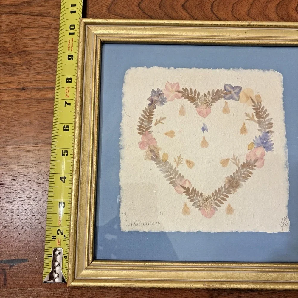 Vintage Pressed Wildflowers Heart Shaped Framed Art Pink Pastel Decor 1999 10x10